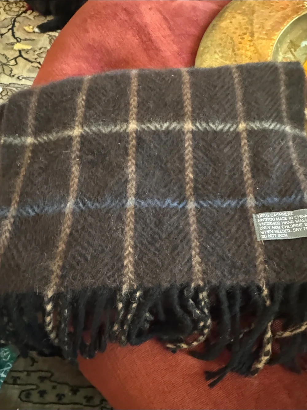 Men’s Brown 100% Cashmere Plaid Wool Blend Scarf with Fringe